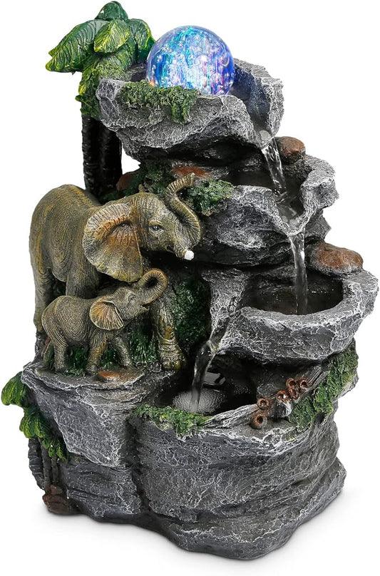 Dyna-Living Elephant Water Fountain Indoor Desktop Fountain Waterfall with Colorful LED Light Tabletop Water Fountain for Desk Office Relaxing Inside Water Feature
