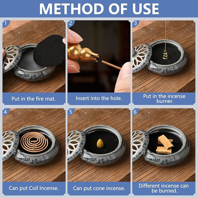 Ceramic Incense Burner with Holder for Stick/Coil Incense,Sage Cones and Mosquito Incense Handmade Smudging Burn Bowl for Cleansing Negative Indoor Energy and Other Incense Rituals, Cyan - Bloomnest