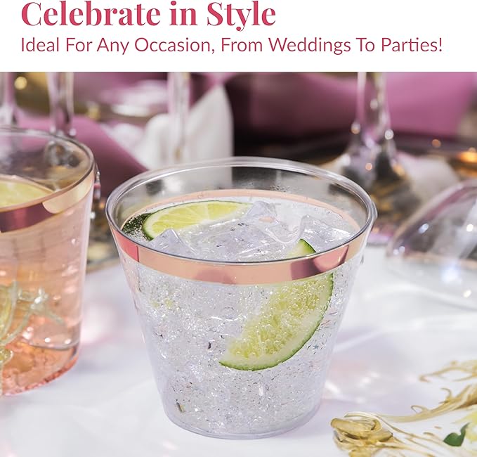 Prestee 200 Rose Gold Plastic Cups, 9oz – Elegant Hard Disposable Tumblers for Wine, Cocktails & Beverages – Clear Plastic Cups with Rose Gold Rim – Bulk Party Drinkware for Weddings, Holidays & Event - Bloomnest