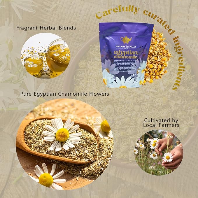 Egyptian Chamomile Tea, Organic Loose Leaf Herbal Tea – Cozy, Calming – Supports Stress Relief, Relaxation & Sleep – 4 oz Resealable Bag (Makes 50 Cups) – The Elegant Elephant - Bloomnest