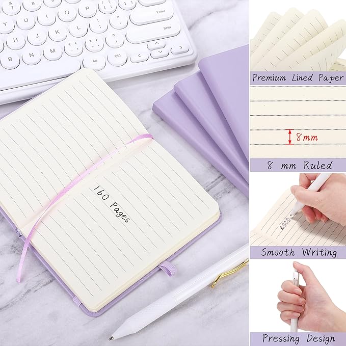 Aodaer 50 Sets Pocket Notebook Journal with Pens, 160 Pages, 3.5 x 5.5 Inch Mini Lined Journal Notebook A6 Leather Hardcover College Ruled Notepad with Pen Holder for School Office Gifts, Lavender - Bloomnest