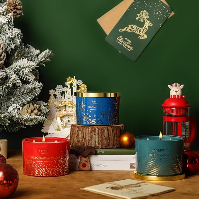 Christmas Candles, Large 3 Wick Jar Candles, Christmas Scented Candles Gifts for Women, Christmas Gift Ideas with Soy Wax Candles, Teak Mahogany - Bloomnest