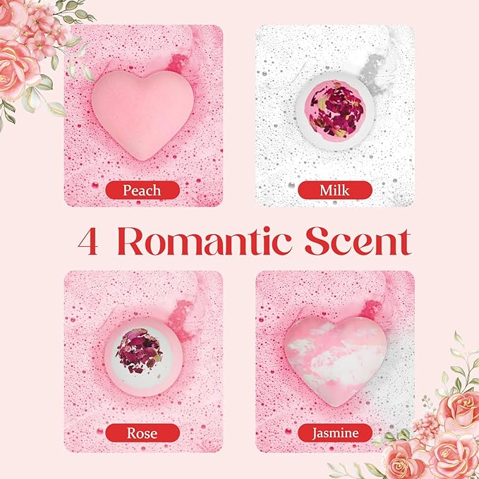 Valentines Bath Bombs Shower Steamers: Handmade Natural Bath Balls with Surprise for Women Gift Set - Relaxing Bubble Bathbombs Scented Rose Hearts Flower Romantic Birthday for Girls Kids Mom - Bloomnest