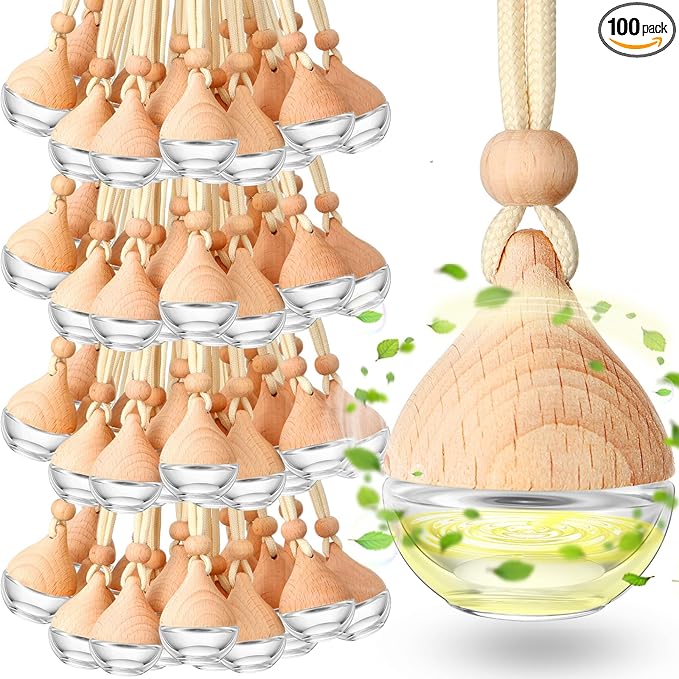 Rtteri 100 Pcs Hanging Car Air Freshener Diffuser Bottles Empty Glass Perfume Diffuser Vials Refillable Oil Aromatherapy Pendant with Wooden Caps and Hanging String for Car Home Office Decor(Drop) - Bloomnest