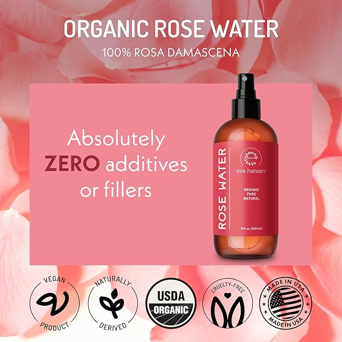 Eve Hansen Organic Rose Water Spray for Face | Huge 8 oz Moroccan Rosewater Face Toner and Makeup Setting Spray | Soothing Neck and Face Mist to Reduce Eye Puffiness, Dark Circles and Redness - Bloomnest