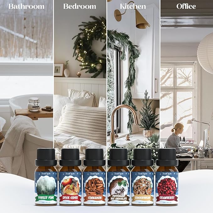 Winter Essential Oils Set, Fragrance Oil Gift Set for Oil Diffusers, Scented Oils for Soap 6x10ml - Forest Pine, Spiced Apple Cider, Cinnamon, Mint Hot Chocolate, Gingerbread, and Cranberry - Bloomnest