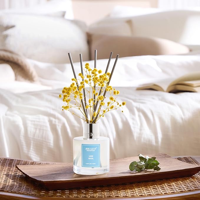 Airkeep Reed Diffuser Set,3.38 fl oz (100 ml) - Lime Basil Oil Diffusers with 8 Reed Sticks, Home Fragrance Reed Diffuser for Bathroom Shelf Decor - Bloomnest
