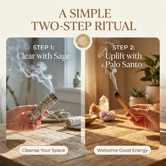 New Age Smudges and Herbs Smudge Kit - 2 California White Sage Smudge Stick for Cleansing (Salvia Apiana) with 2 Palo Santo Incense Sticks (Holy Wood) - Sage Bundles …