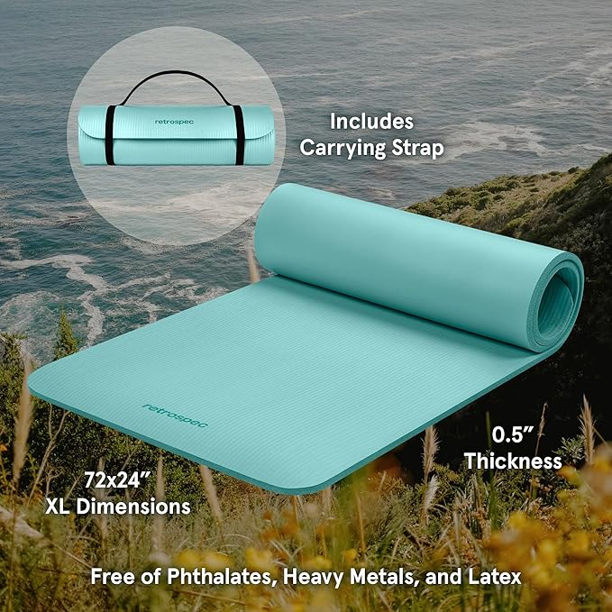 Retrospec Solana Yoga Mat 1/2" Thick w/Nylon Strap for Men & Women - Non Slip Exercise Mat for Yoga, Pilates, Stretching, Floor & Fitness Workouts - Bloomnest