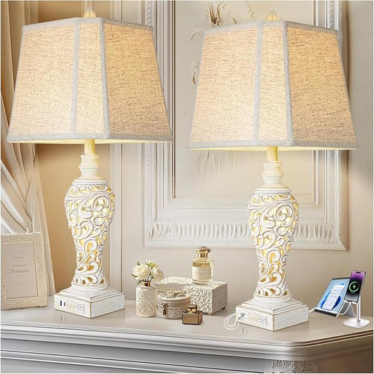Vintage Table Lamps Set of 2, 28.5'' High Bedside Lamps with Fabric Shade, Farmhouse Nightstand Lamps with USB A+C Ports and Nightlight - Perfect for Living Room Bedroom Office Study (Bulb Included) - Bloomnest