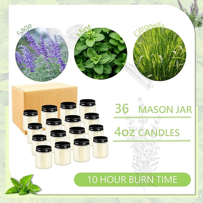 ACITHGL 36 Pcs 4oz Mini Mason Jar Candles Small Scented Candles Bulk Aromatherapy Ideal Souvenir Favors for Wedding Birthday Party (Sage, Mint, Citronella, Black) - Bloomnest