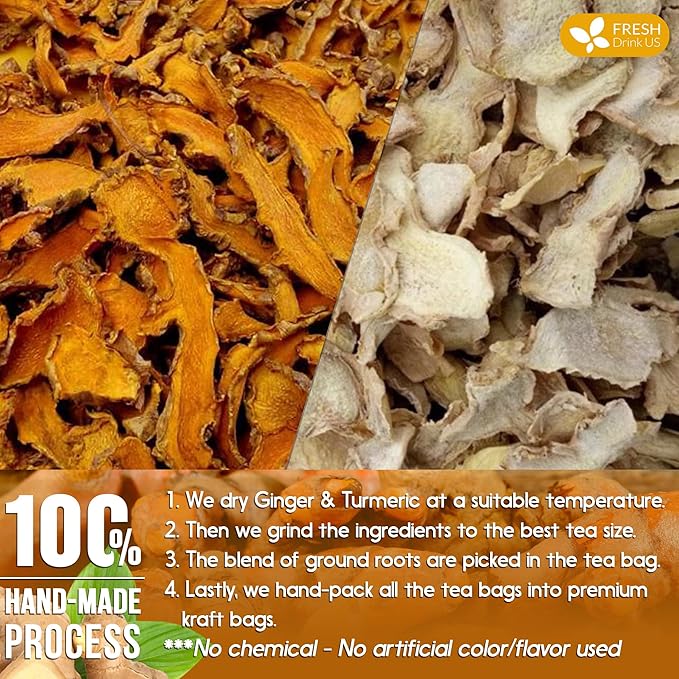 FreshDrinkUS, Premium 135 Turmeric Ginger Tea Bags, 100% Natural Ingredients, Hand-made Blend of Turmeric and Ginger Herbal Tea, Eco-conscious Tea Bags. No Sugar, No Caffeine, No Gluten, Vegan. - Bloomnest