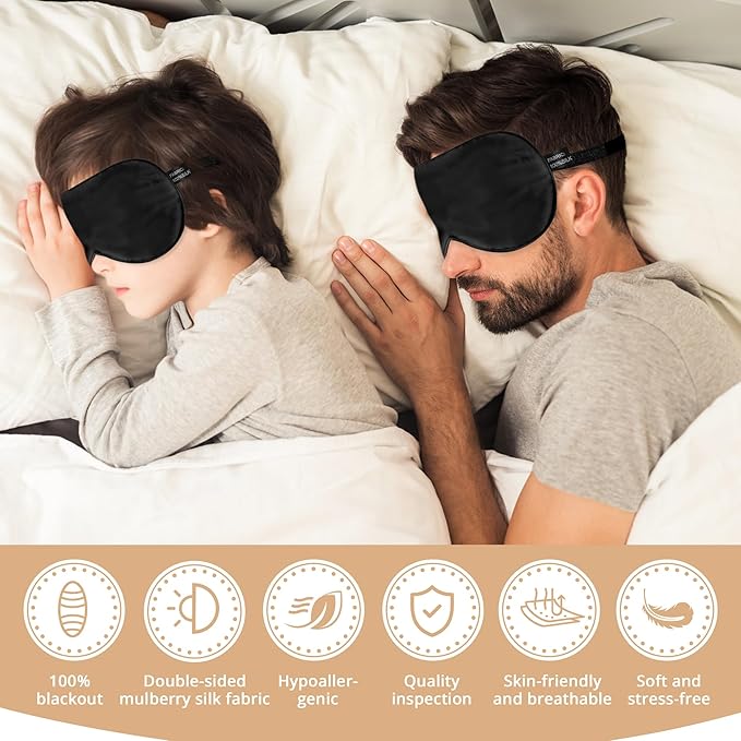 Silk Sleep Mask Eye Cover, 100% Real Natural Silk Eye Mask for Sleeping with Adjustable Strap, 100% Silk Filling Blindfold, Eye Shade for Kids/Teens/Adults, Sleeping Masks for Family (2 Black) - Bloomnest