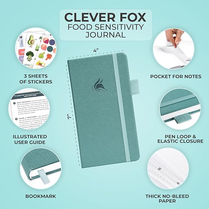Clever Fox Food Sensitivity Journal Pocket – Daily Intolerance & Symptom Log for IBS, Diabetic, Low Fodmap, Elimination Diet – Health Tracker, 3.7x6.7 (Aquamarine) - Bloomnest