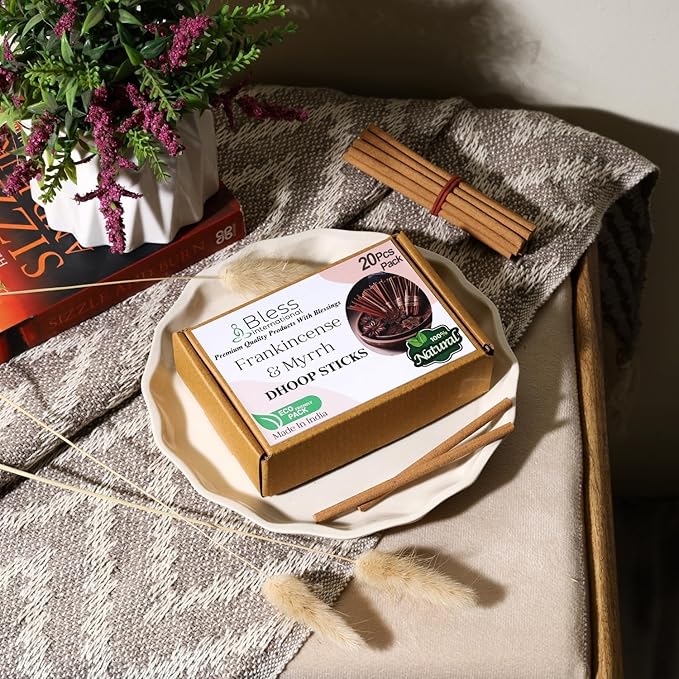 Bless-International Frankincense-and-Myrrh-100%-Natural-Incense-Bambooless-Dhoop-Sticks Handmade-Organic-Chemicals-Free for-Relaxation-Positivity-Yoga-Meditation The-Best-scents-4.5-Inches-20-Sticks BlessInternational