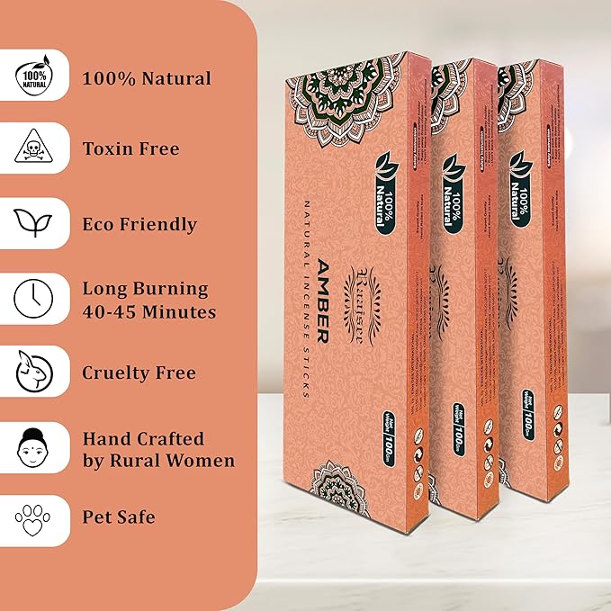 Raajsee Amber Incense Sticks 100 Gm Pack-100% Pure Organic - Natural Hand Rolled Free from Chemicals-Insence for Church,Relaxation, Meditation & Sensual Therapy RAAJSEE