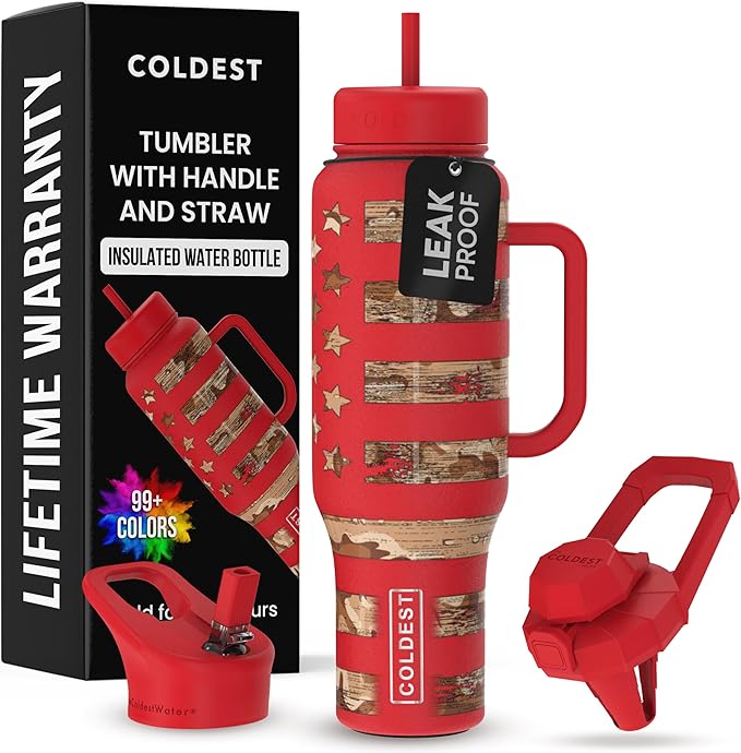 Coldest Tumbler with Handle and Straw, 100% Leak Proof Insulated Tumbler with Lid and Straw (3 Lids), Stainless Steel Tumblers for Women & Men, Cup Holder Friendly, 46 oz (The Republican) - Bloomnest