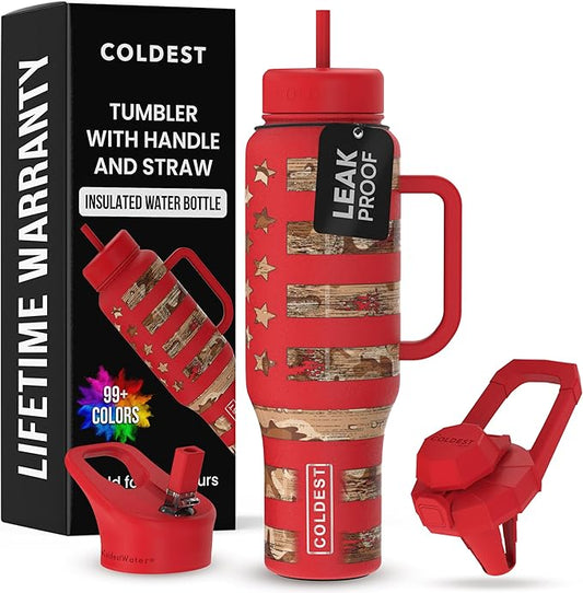Coldest Tumbler with Handle and Straw, 100% Leak Proof Insulated Tumbler with Lid and Straw (3 Lids), Stainless Steel Tumblers for Women & Men, Cup Holder Friendly, 46 oz (The Republican) - Bloomnest