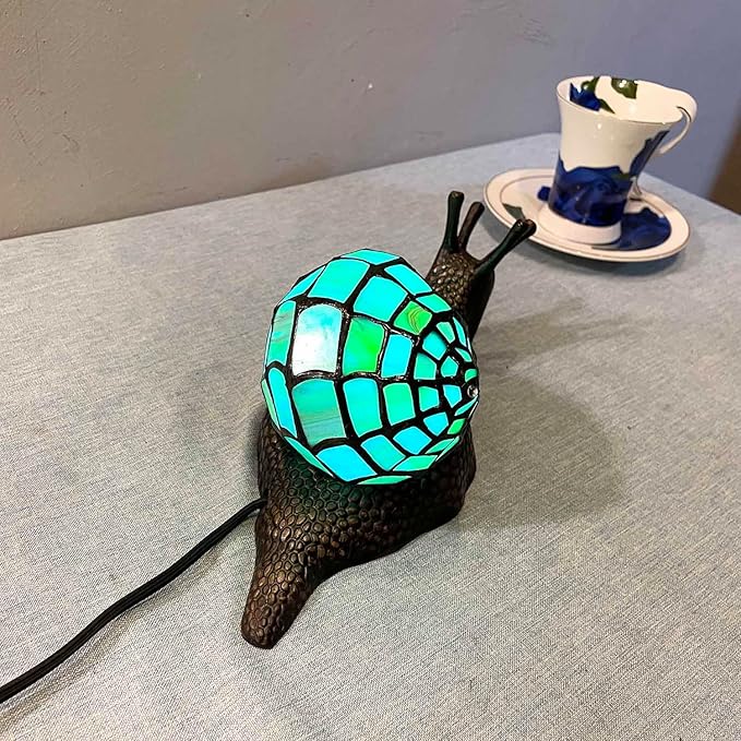 Bieye L10975 Land Snail Tiffany Style Stained Glass Accent Table Lamp for Home Decoration (Cyan, 10" D x 5" W x 5" H) - Bloomnest