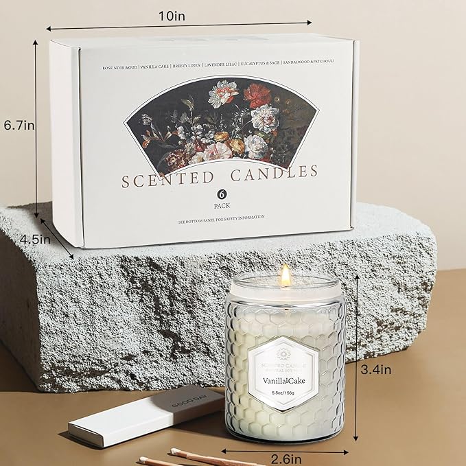 6 Pack Scented Candles for Home, Aromatherapy Gift Set for Women, Natural Soy Wax Jar, 33 oz 240 Hour Long Lasting, Birthday and Valentine's Day Gift, Flax Gray - Bloomnest