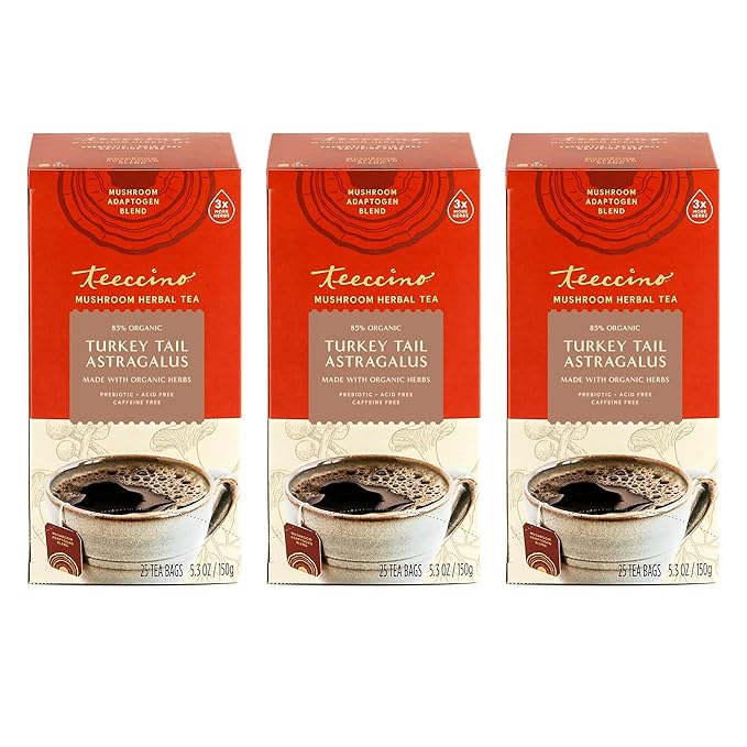 Teeccino Mushroom Herbal Tea - Turkey Tail Astragalus Toasted Maple - Caffeine Free, Prebiotic, 3x More Herbs - 25 Tea Bags, Pack of 3 - Bloomnest