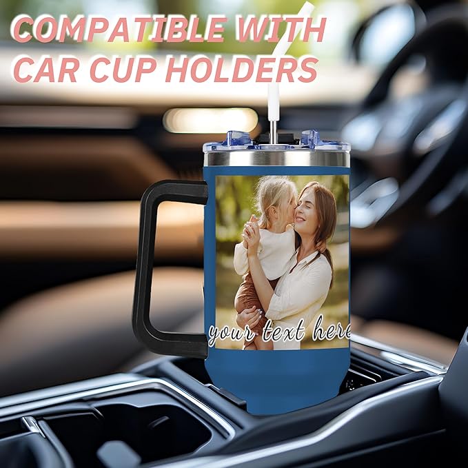 Personalized Tumbler with Handle and Straw Lid, Custom 40oz Tumblers with Picture, Logo, Text, Customized Stainless Steel Travel Coffee Cup for Women Men, Gifts for Birthday Christmas Anniversary - Bloomnest