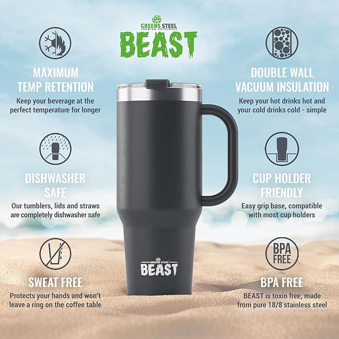 Beast 42 oz Tumbler Stainless Steel Vacuum Insulated Coffee Ice Cup Double Wall Travel Flask (Matt Black) - Bloomnest