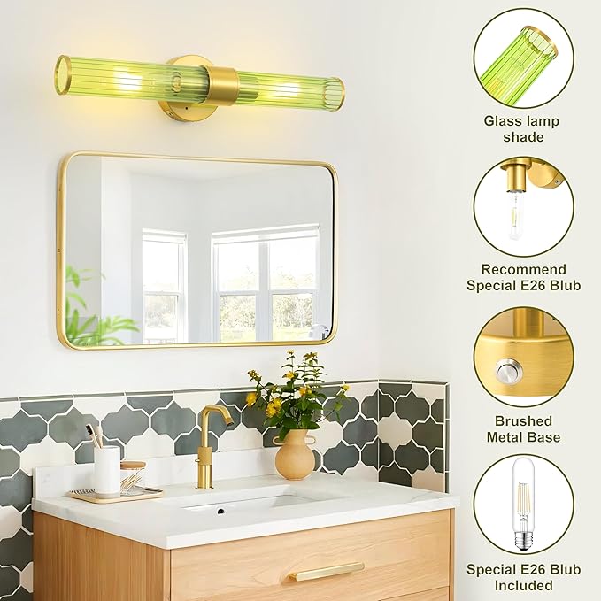 Gold Battery Operated Wall Sconces Set of 2, Rechargeable Wall Lights with Remote Control, 20 Inch Modern Wireless Wall Lamp for Bedroom, Living Room with Green Shade (Bulbs Included) - Bloomnest