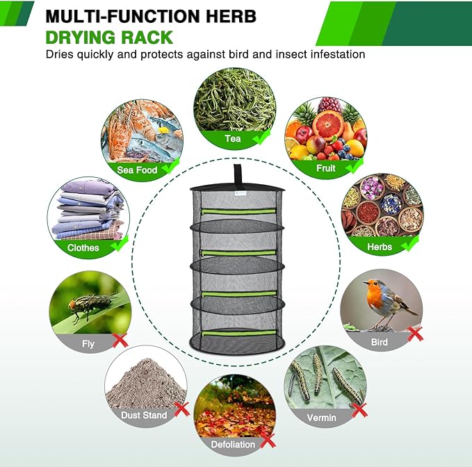 Yesker 4 Layer Herb Drying Rack Hanging Mesh Net Foldable Plant Drying Racks 24" w Green Zipper Pruning Shears Hook Dryer Hanging Rack for Herbs Seed Bud Fruit Clothes Grow Tent Closets Garden Outdoor - Bloomnest