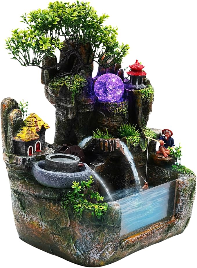 Waterfountain Indoors Rockery Fountain Goldfish Waterfall Desktop 12LED Decorat Tabletop Rockery Fountai Atomizing Humidifier Small Waterfall for Home Office Bedroom Relaxation US Plug 110V
