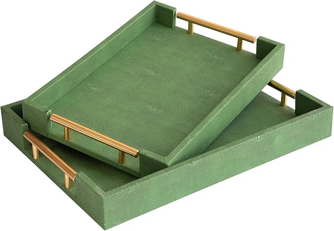 Decorative Tray Set of 2, Green Shagreen Leather Tray, Modern Elegant Rectangle Serving Trays with Gold Polished Metal Handles, Ottoman Trays Coffee Table Perfume Kitchen Home Decor - Bloomnest