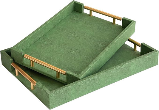 Decorative Tray Set of 2, Green Shagreen Leather Tray, Modern Elegant Rectangle Serving Trays with Gold Polished Metal Handles, Ottoman Trays Coffee Table Perfume Kitchen Home Decor - Bloomnest