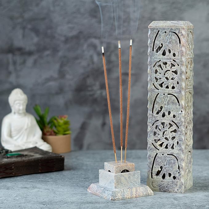 Crocon Handmade Incense Stick Holder Soapstone Incense Tower Burner | Candle Stand Tea Light Holder |Office Decor Room Fragrance Decorative Kitchen Home Spa Great Gift Set - 11X3X3 Inch