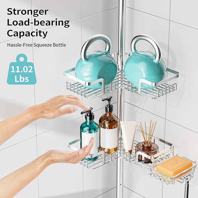 KEGII Shower Caddy Tension Pole – Corner Rustproof Bathroom Organizer with Soap Holder & Hooks, No-Drill Adjustable Shower Shelf for Renters for Families & Renters, 25-114.2 Inch, Silver - Bloomnest