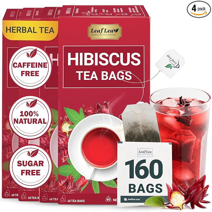 LeafLea Hibiscus Tea Bags – 160 Count, Individually Wrapped, 100% Natural Hibiscus Flower Herbal Tea, Caffeine-Free, Sugar-Free, Gluten-Free, Non-GMO, Te de Hibisco, Jamaica Tea, (Pack of 4) - Bloomnest