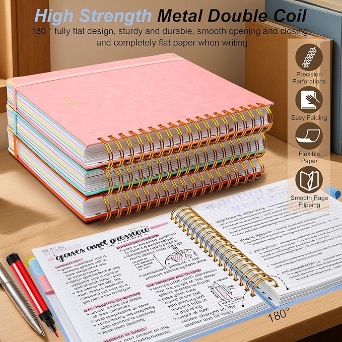 Hardcover Spiral Notebook 6.2"x 8.2" Journal Notebook with Tabs and Removable Dividers 300 Pages 5 Subject Notebook College Ruled, Faux Leather Spiral Bound Notebook for Women School Work(Lake Blue) - Bloomnest