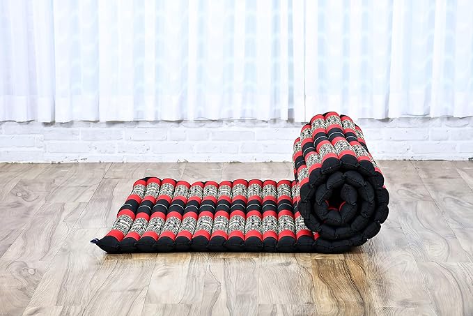 Leewadee - Kapok Roll Mat – Handcrafted Folding Sleep & Relaxation Mattress from Thailand, Ideal as Guest Bed, Camping Mat, Yoga Mat or Traditional Futon, 75 x 39 inches, Black Red - Bloomnest