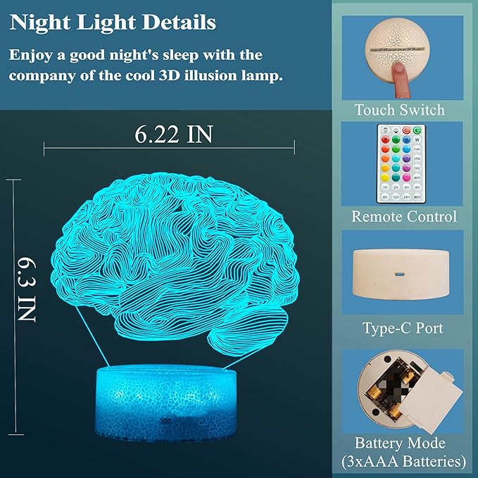 Neurology Gifts, 3D Brain Illusion Lamp, Night Light with16 Colors Changing, Remote Control, Timer, Dimmable, Kids Room Decoration, Xmas Brain Model Gifts - Bloomnest