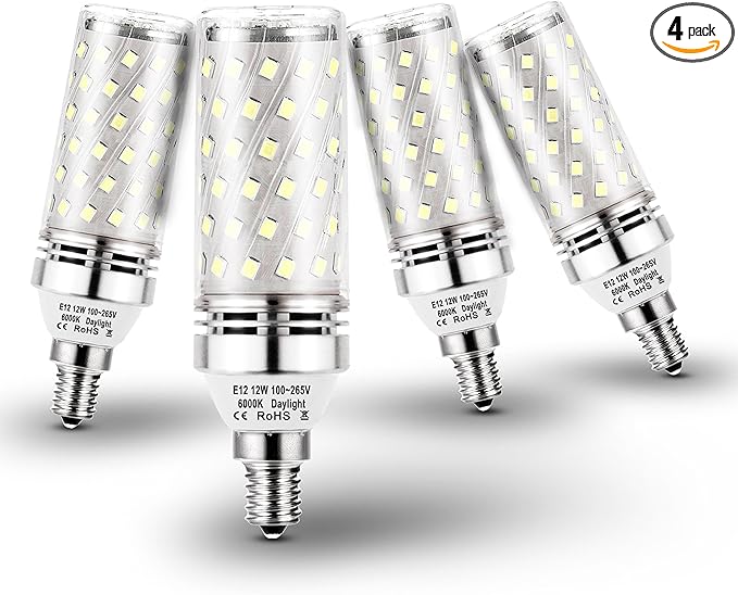 E12 100W Led Candelabra Bulbs Replacement, 6000k Daylight Bright White, E12 12W Led Candle Light Bulbs T6 C7 1200lm, E12 Base Chandelier Pendant Ceiling Fan Bulbs, Non-Dimmable, 4Pack - Bloomnest