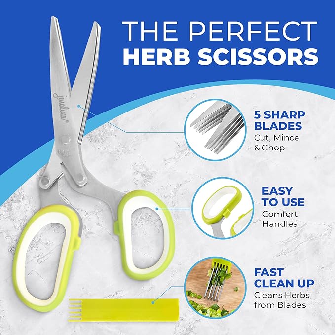 Jenaluca Herb Scissors with Five Blades - Two Pack - Herb Chopper with cleaning comb and safety cover - Bloomnest
