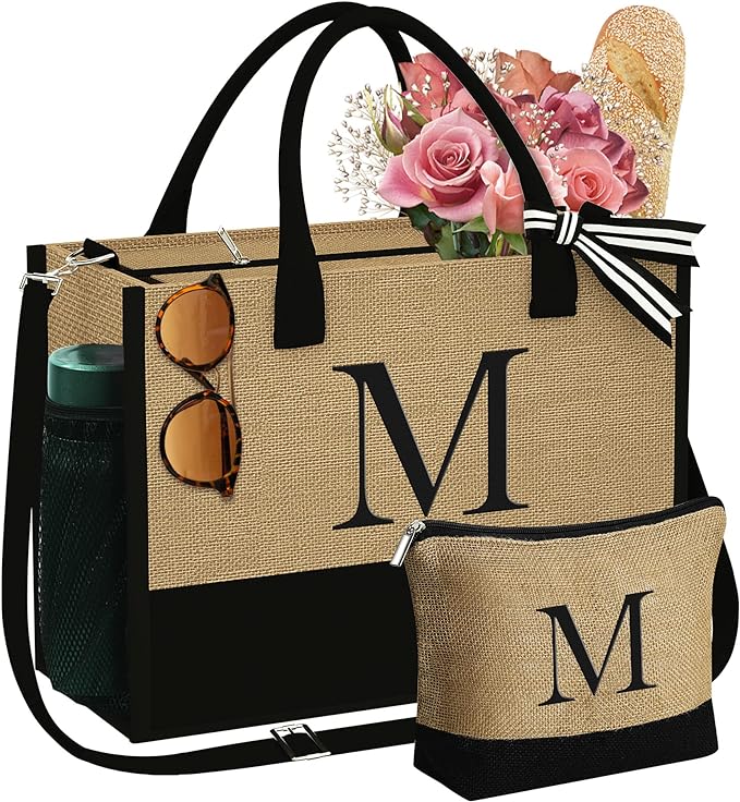 YOOLIFE Valentines Day Gifts for Her - Initial Jute Tote Bag & Makeup Bag, Birthday Gifts for Women Teacher Mom Wife Friend - Bloomnest