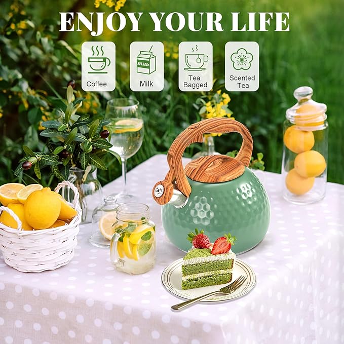 GGC Tea Kettle for Stove Top, Loud Whistling Kettle for Boiling Water Coffee or Milk, 3.1 Quart 3L Heavy Stainless Steel Green Tea Pot with Wood Pattern Handle, Unique Button Control Outlet - Bloomnest