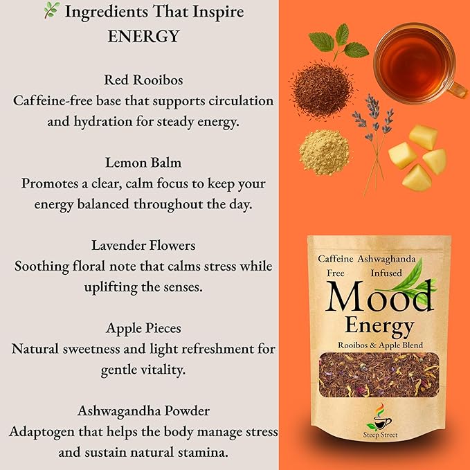 Lavender Apple Energy Mood Herbal Tea Infused with Ashwagandha – Rooibos, Lemon Balm, Lavender, Apple & Ashwagandha Blend | Smooth Uplifting Energy | Caffeine-Free 2.6oz Pouch - Bloomnest