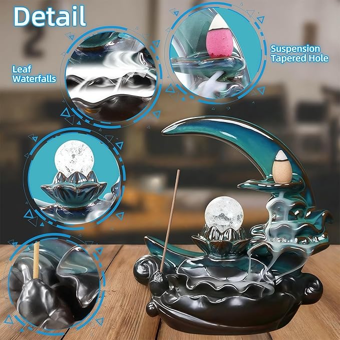 Moon Backflow Incense Burner,Ceramic Incense Cone Holder, Incense Waterfall Fountain,Backflow Incense Holder with 60 Backflow Incense Cones and 40 Incense Sticks