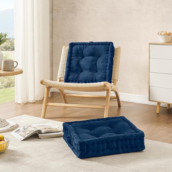 Wellsin Square Floor Pillows for Adults Kids - Meditation Floor Pillow Seating Cushion - Tufted Floor Cushion with Shredded Foam & Velvet Cover, 1 Pack, 20x20 Inch, Dark Blue