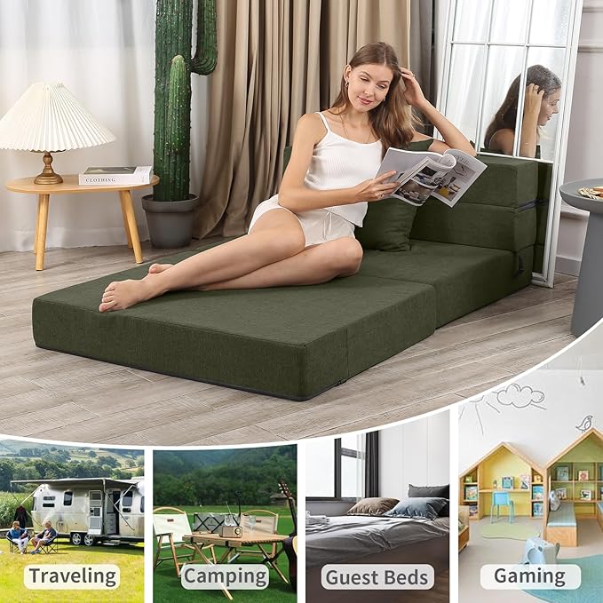 Folding Sofa Bed, High-Density Memory Foam Sofa Bed with a Fluffy Pillow, Folding Floor Couch Guest Bed, Twin Size, Green - Bloomnest