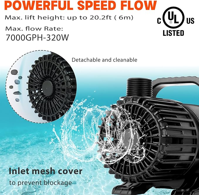 WaterRebirth (7000GPH-320W, UL listed) Large Fountain Submersible Water Pond Sump Pump Aquarium Electric Waterfall Pump Outdoor PS- 7000 - Bloomnest
