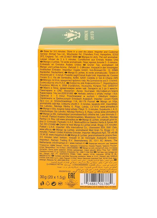 Ahmad Tea Green Tea, Mango & Lychee Teabags, 20 ct (Pack of 1) - Caffeinated & Sugar-Free - Bloomnest