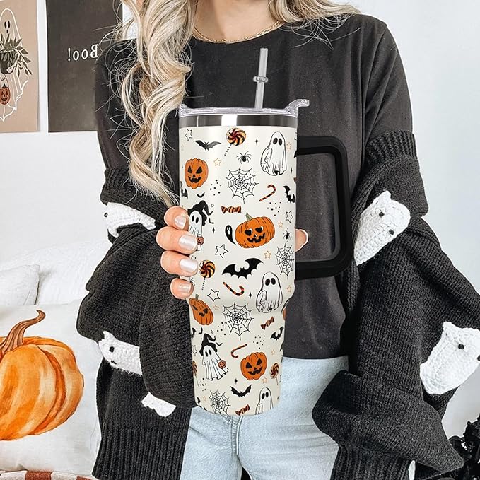 Ceovfoi 40 oz Halloween Pumpkin Tumbler Insulated Stainless Water Bottle Travel Coffee Cup, Water Bottle - Goth Ghost Witch Decor Gift for Women - Bloomnest