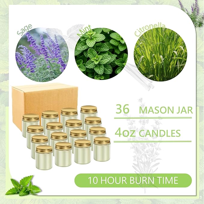 ACITHGL 36 Pcs 4oz Mini Mason Jar Candles Small Scented Candles Bulk Aromatherapy Ideal Souvenir Favors for Wedding Birthday Party (Sage, Mint, Citronella, Gold) - Bloomnest
